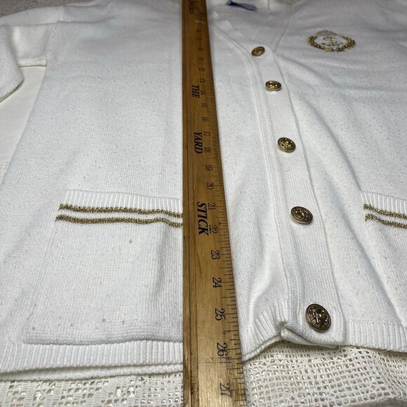 Vintage BAY POINT THREADS Cardigan Nautical Eagle Gold Crest Womens M White - Picture 6 of 8
